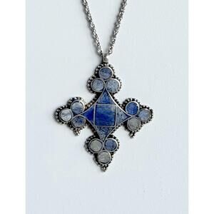 Vintage Blue Stone Inlay Cross Pendant Necklace Folk Revival 24"